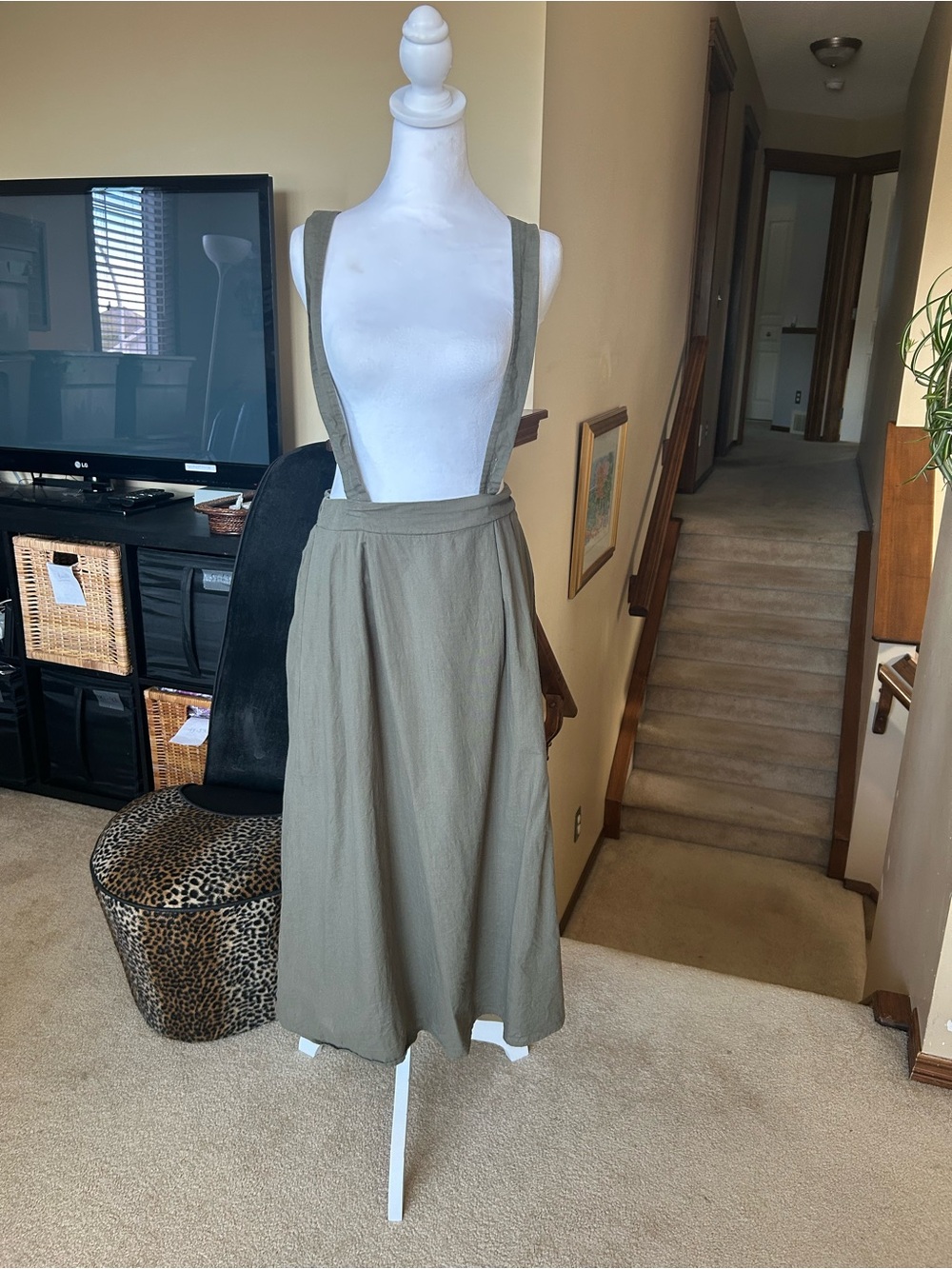 Olive Green Suspender Midi Skirt
